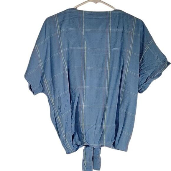 Style & Co Blue Plaid Button Front Tie Hem Short Sleeve Blouse L - Picture 5 of 5